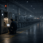 Engineer debugging at stopped production line